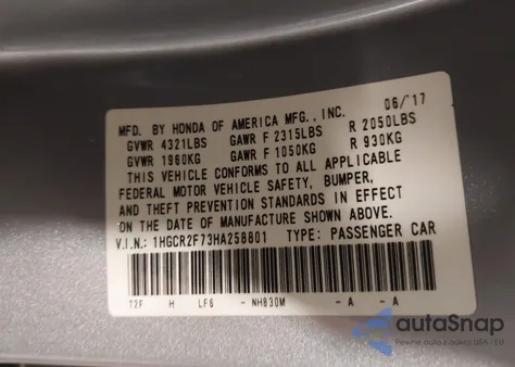 2017 Honda Accord Ex z USA, uszkodzony, nr VIN 1HGCR2F73HA258801